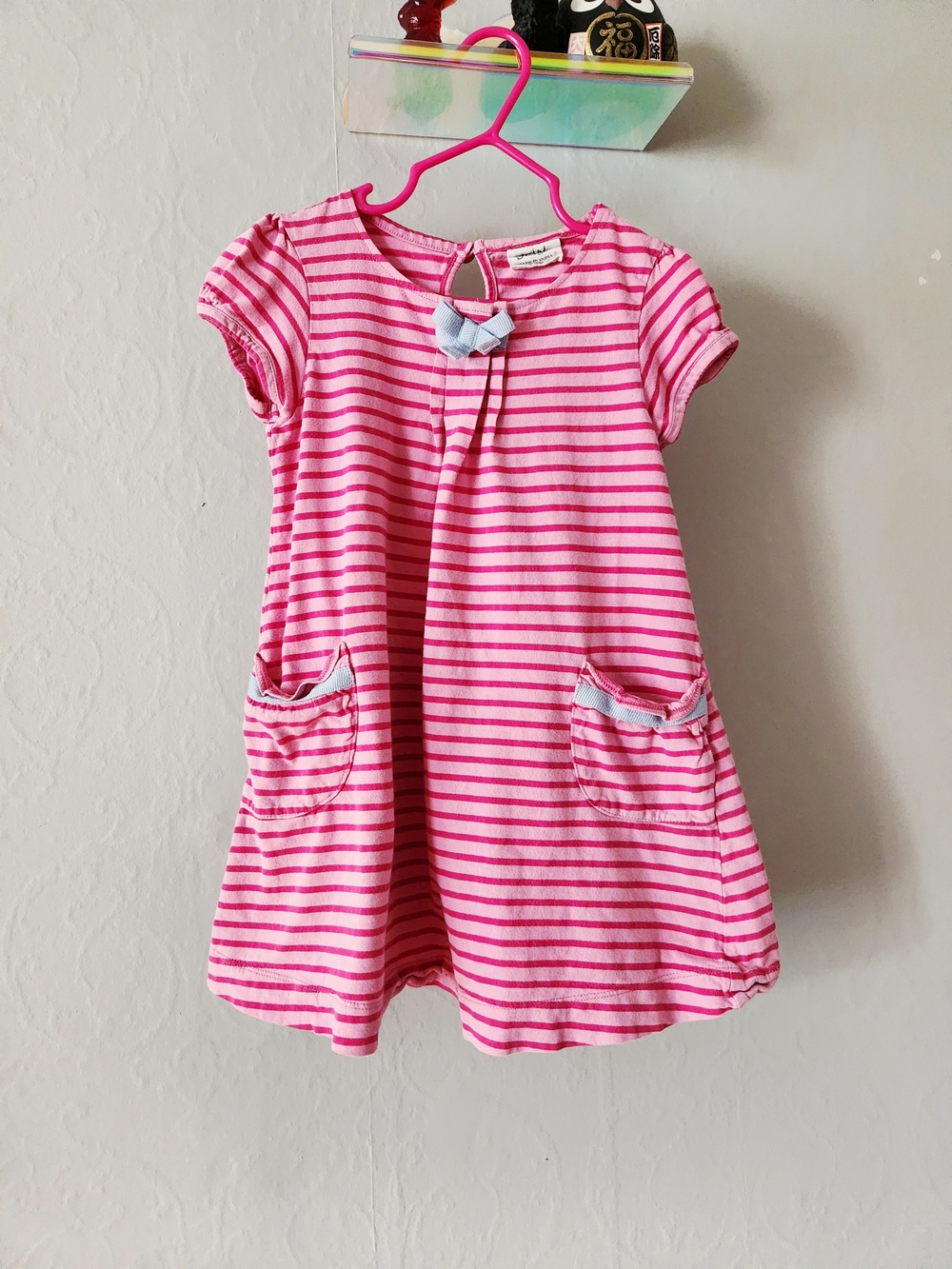Mini Boden 3-4 Year Girls Pink Striped Short-Sleeve Pocket Dress